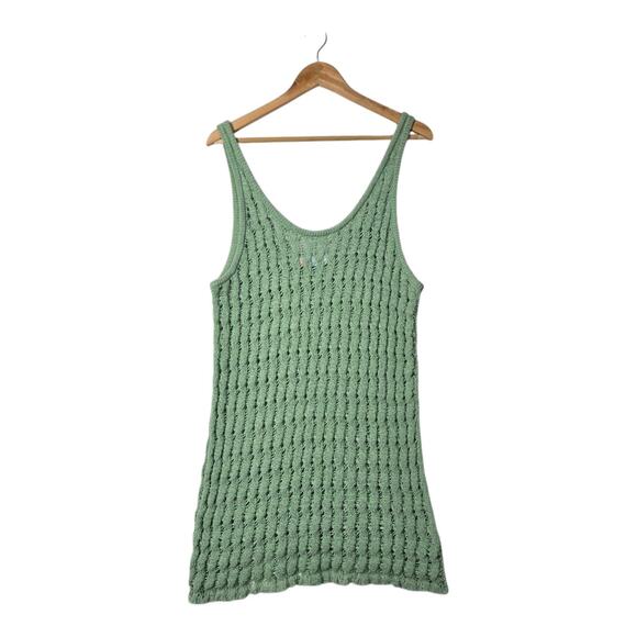 Free People FP Beach Crochet Tank Top sz S Green Open Knit Oversized Boho Hippie - Picture 1 of 10